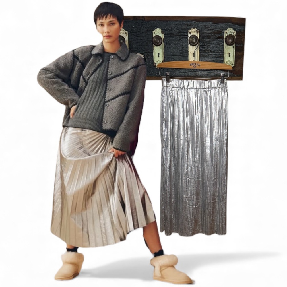 2/$30 H&M Shiny Silver Maxi Pleated Skirt Size 6